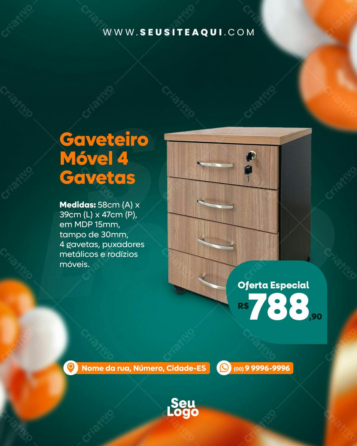 Flyer para Promoção de Gaveteiro Móvel 4 Gavetas PSD Editável