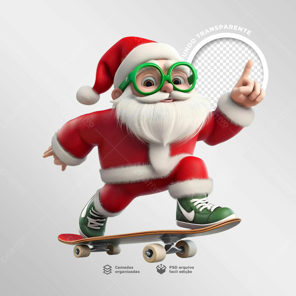 PSD Papai Noel Moderno no Skate para Natal Editável