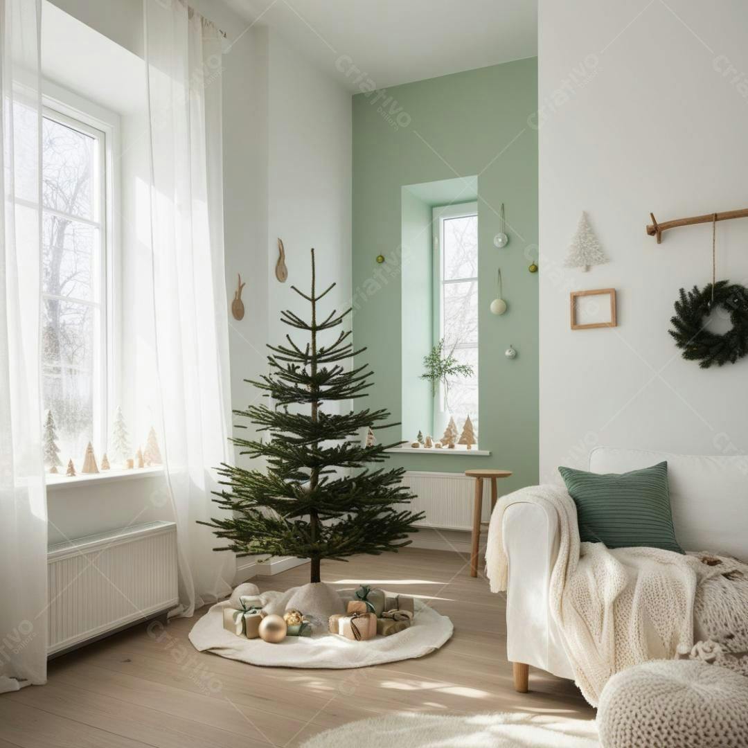 Árvore de Natal em sala de estar minimalista