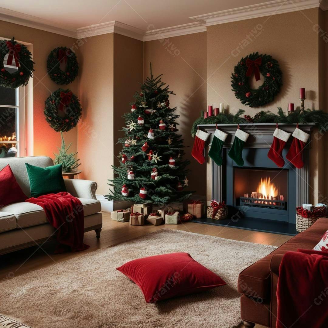 Sala de estar decorada para o Natal com árvore e lareira