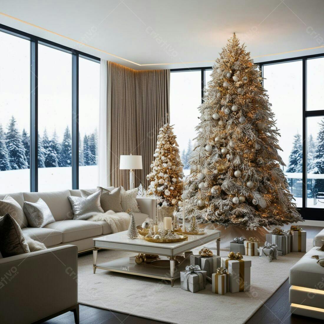 Sala de estar com árvores de Natal douradas e prateadas