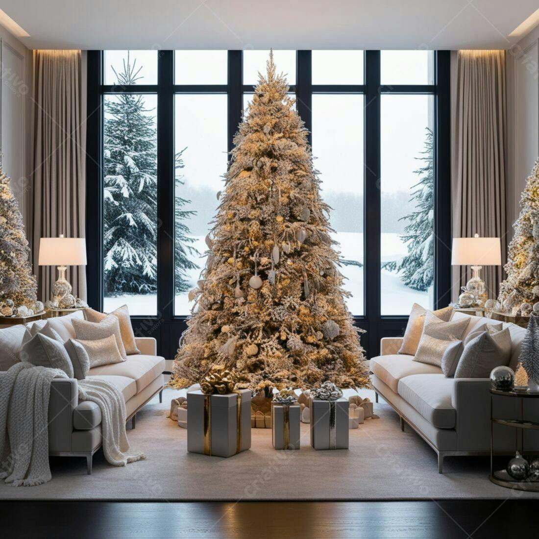 Árvore de Natal decorada em sala aconchegante