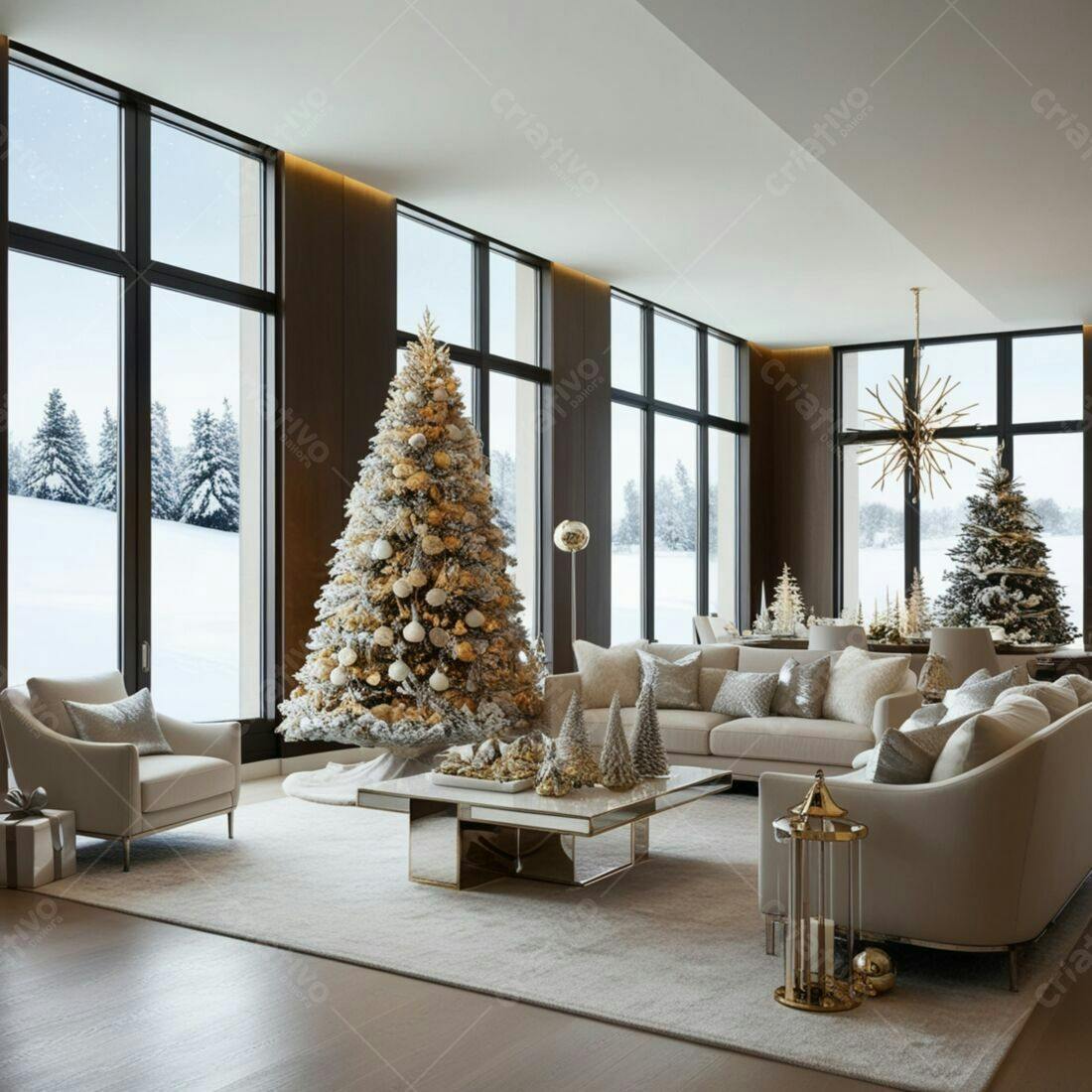 Sala de estar decorada para Natal com árvores douradas