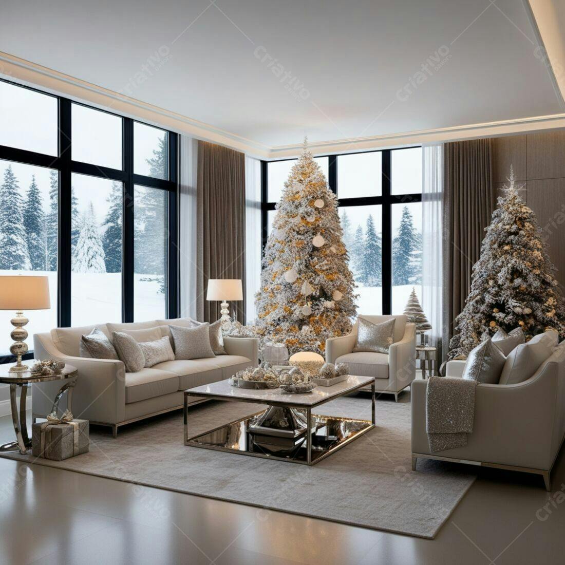 Sala de estar decorada para o Natal com árvores nevadas
