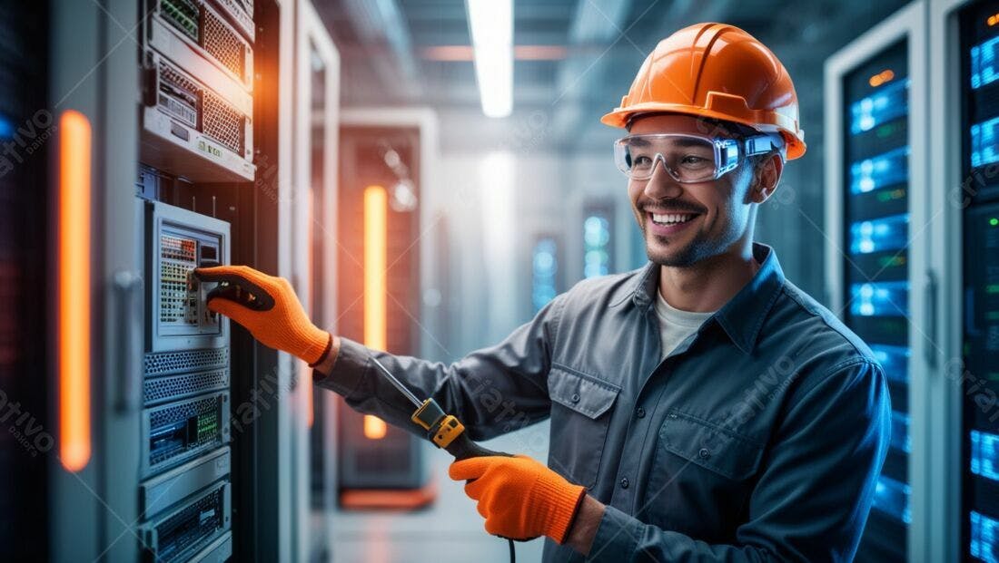 Técnico feliz trabalhando em servidor