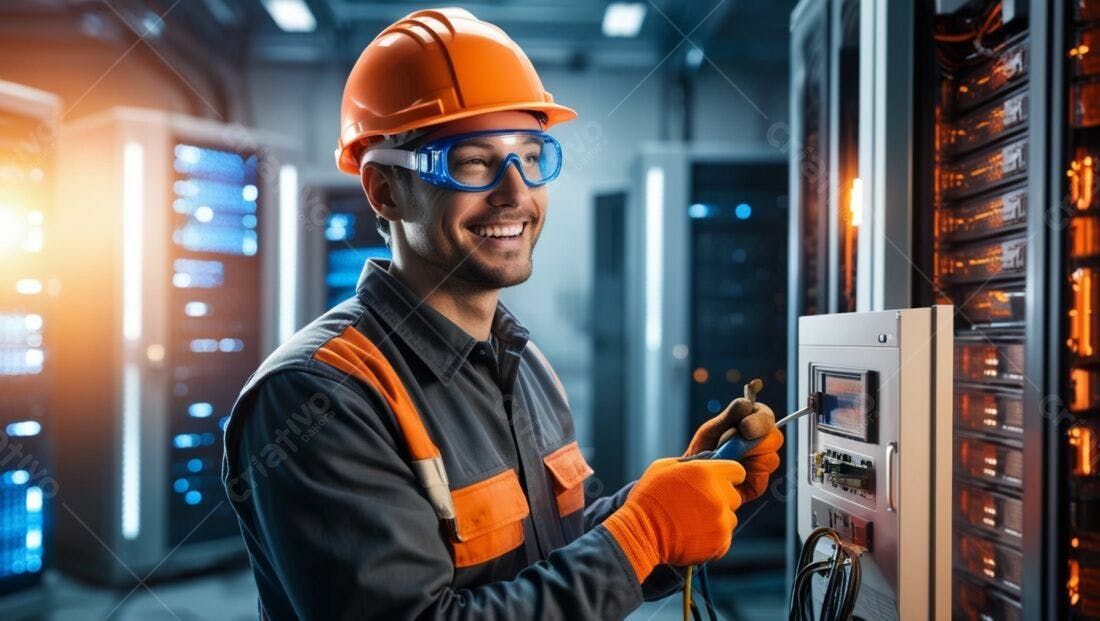Técnico feliz trabalhando em servidor