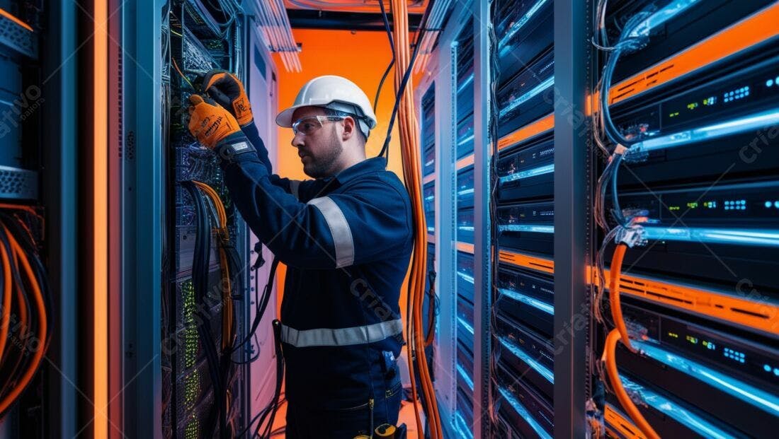 Técnico em TI conectando cabos em servidor