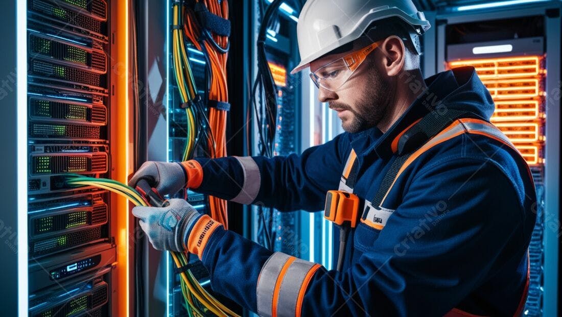 Técnico conectando cabos em servidor