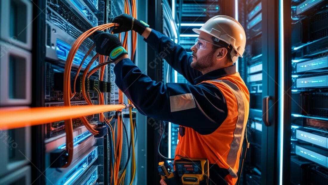 Técnico em TI conectando cabos em data center
