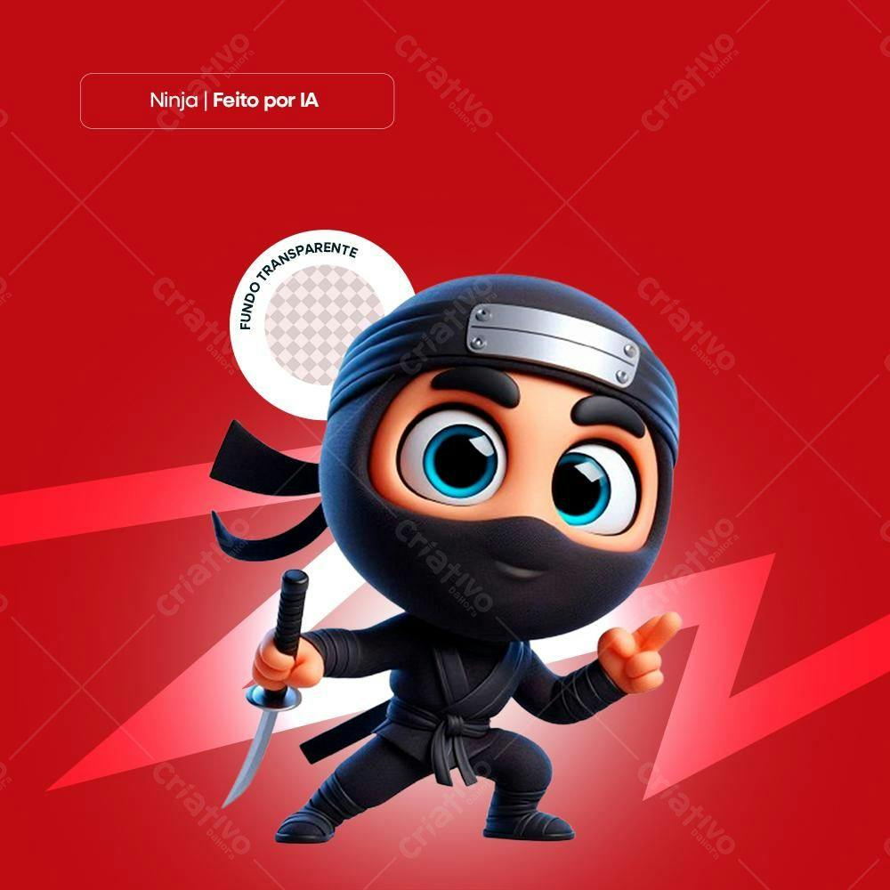 Ninja fofo com katana fundo vermelho