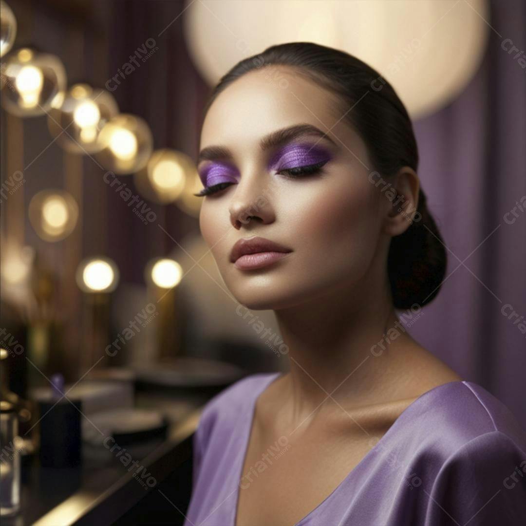 Modelo com maquiagem roxa elegante