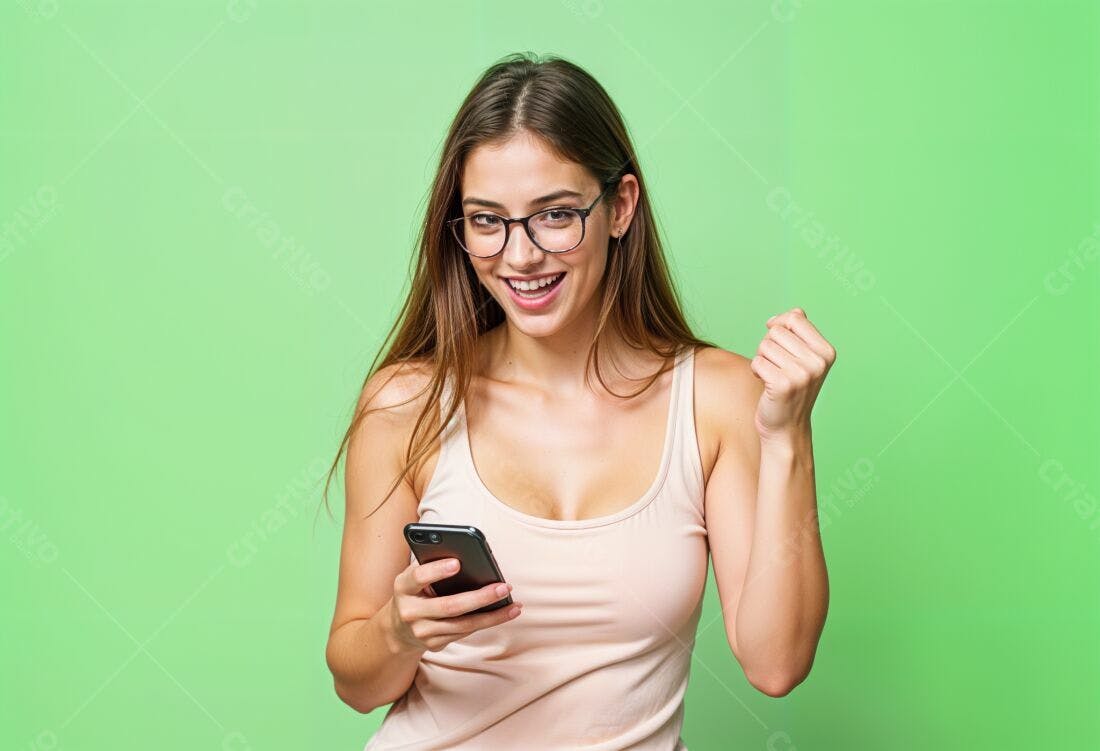 Mulher feliz com celular fundo verde