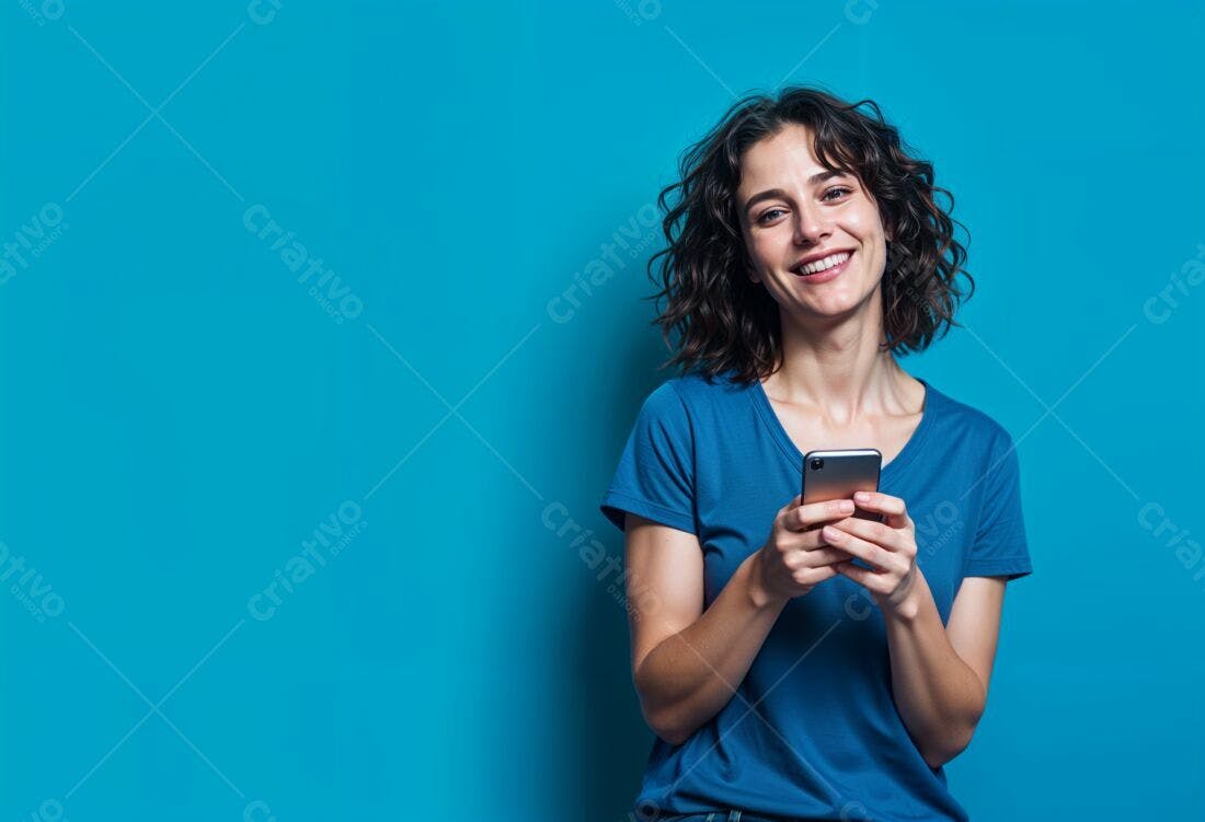Mulher sorridente usando celular fundo azul