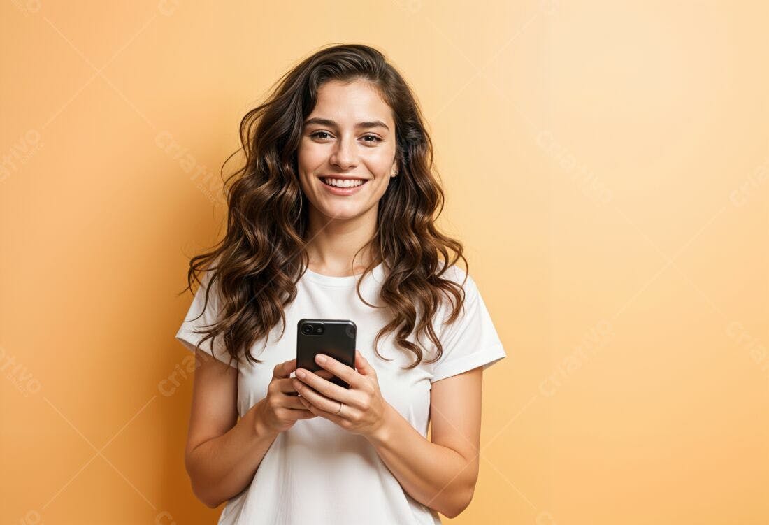 Mulher feliz usando smartphone fundo amarelo