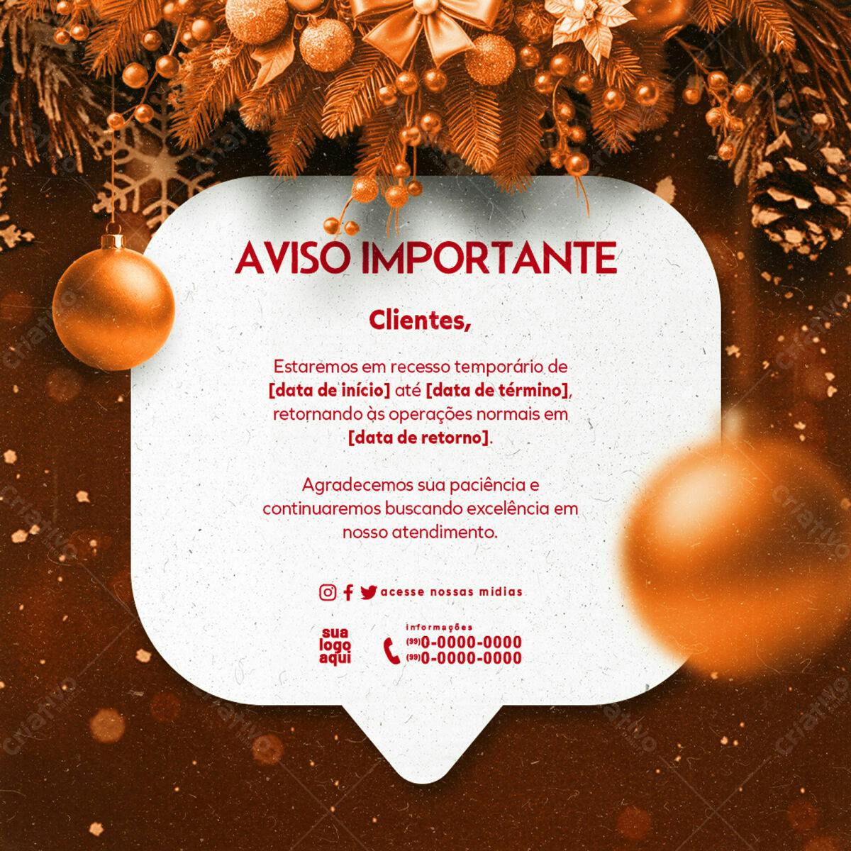 Aviso de Recesso Natalino PSD Editável
