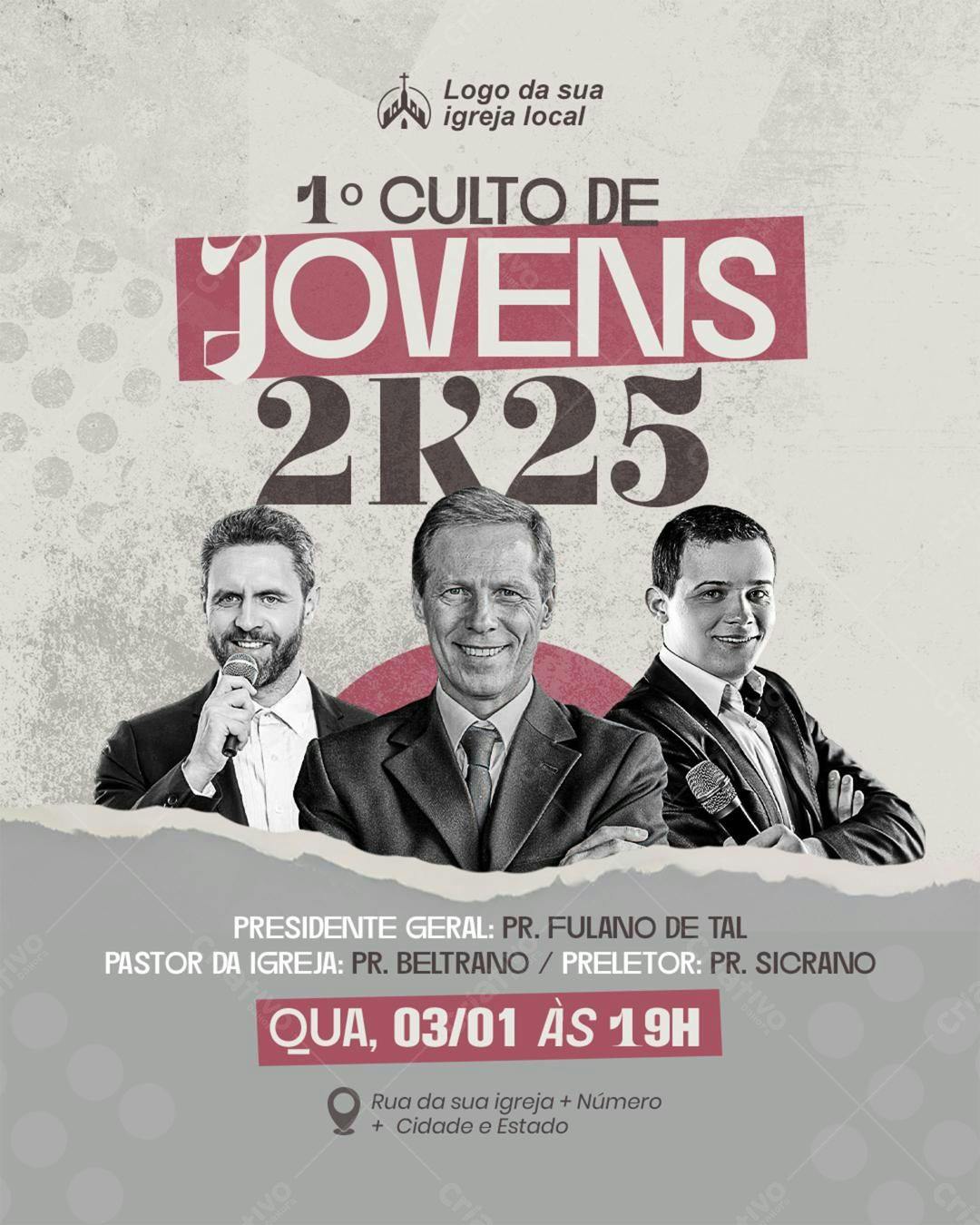 Flyer 1° Culto de Jovens 2025 PSD Editável