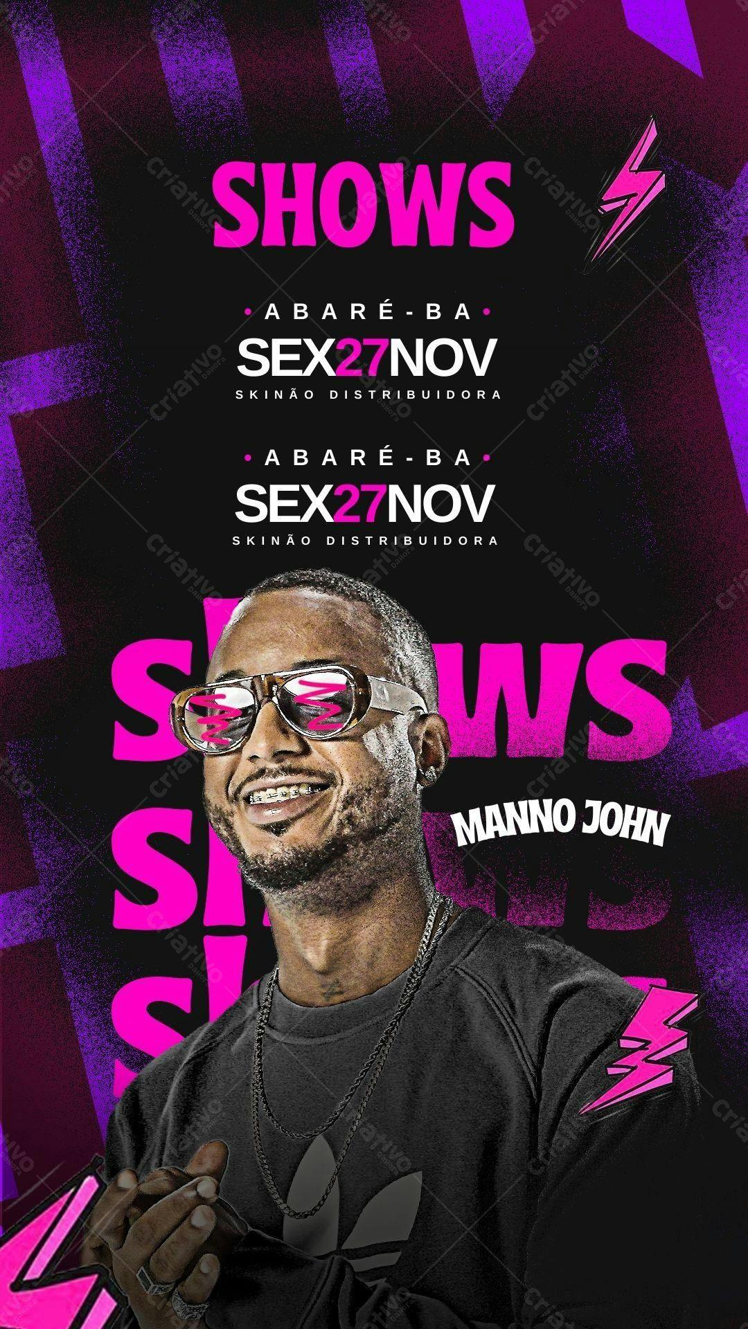 Flyer de Show com Manno John - Cores vibrantes Editável no Canva