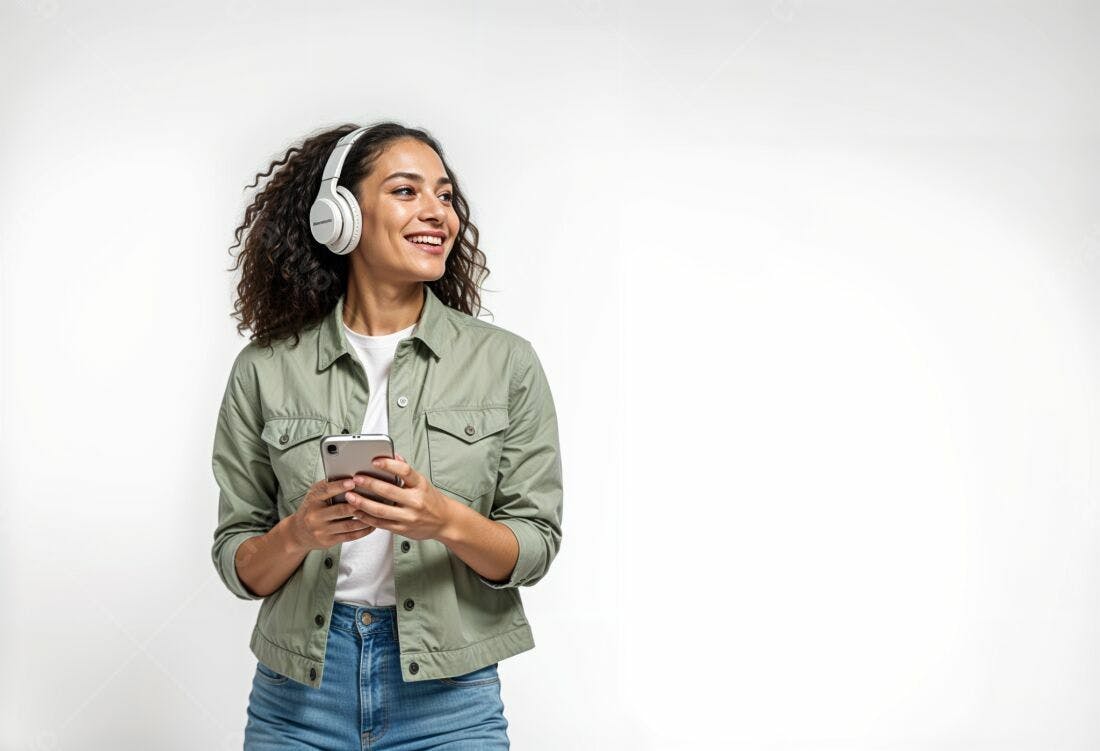 Mulher feliz com fone de ouvido e celular