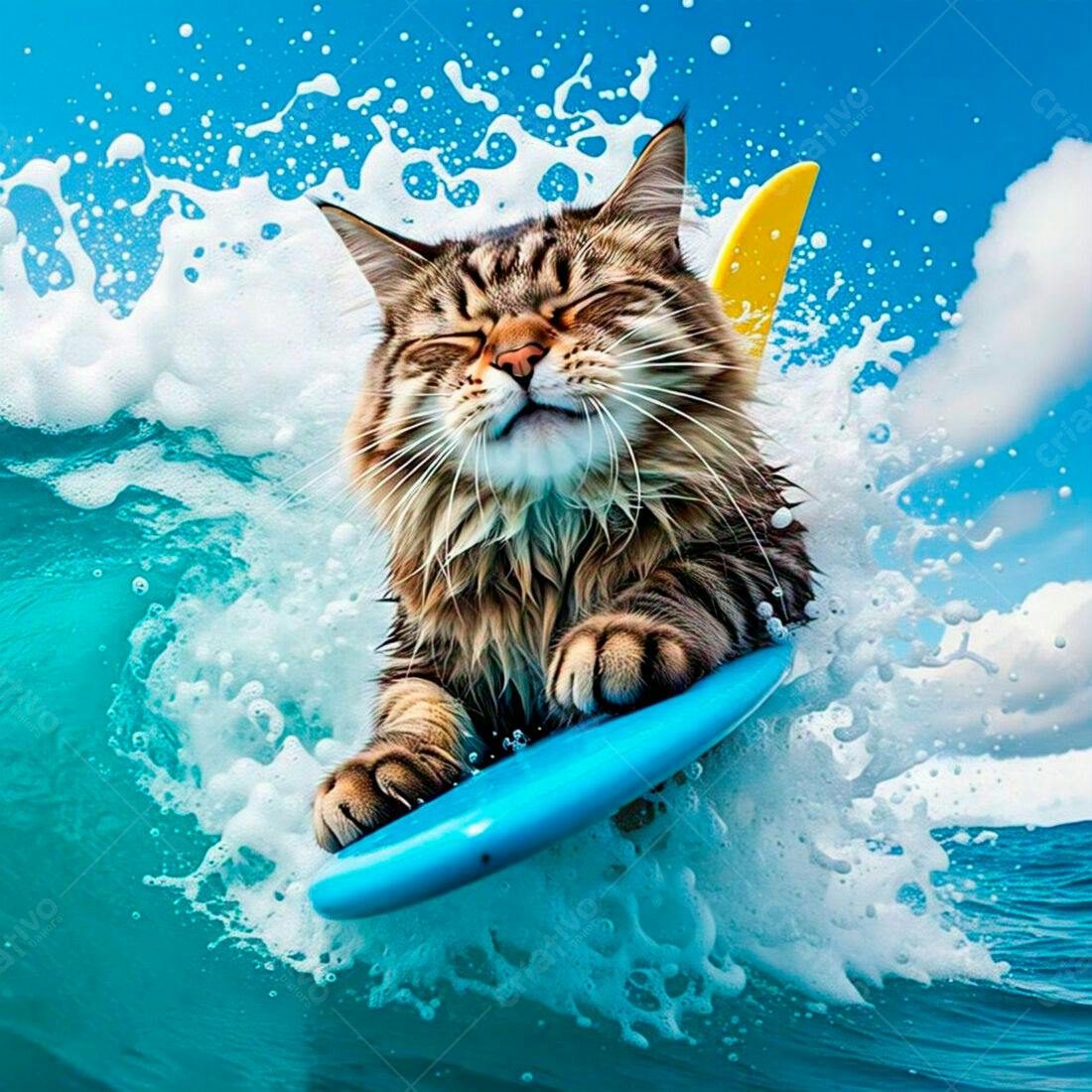 Gato Maine Coon surfando onda azul