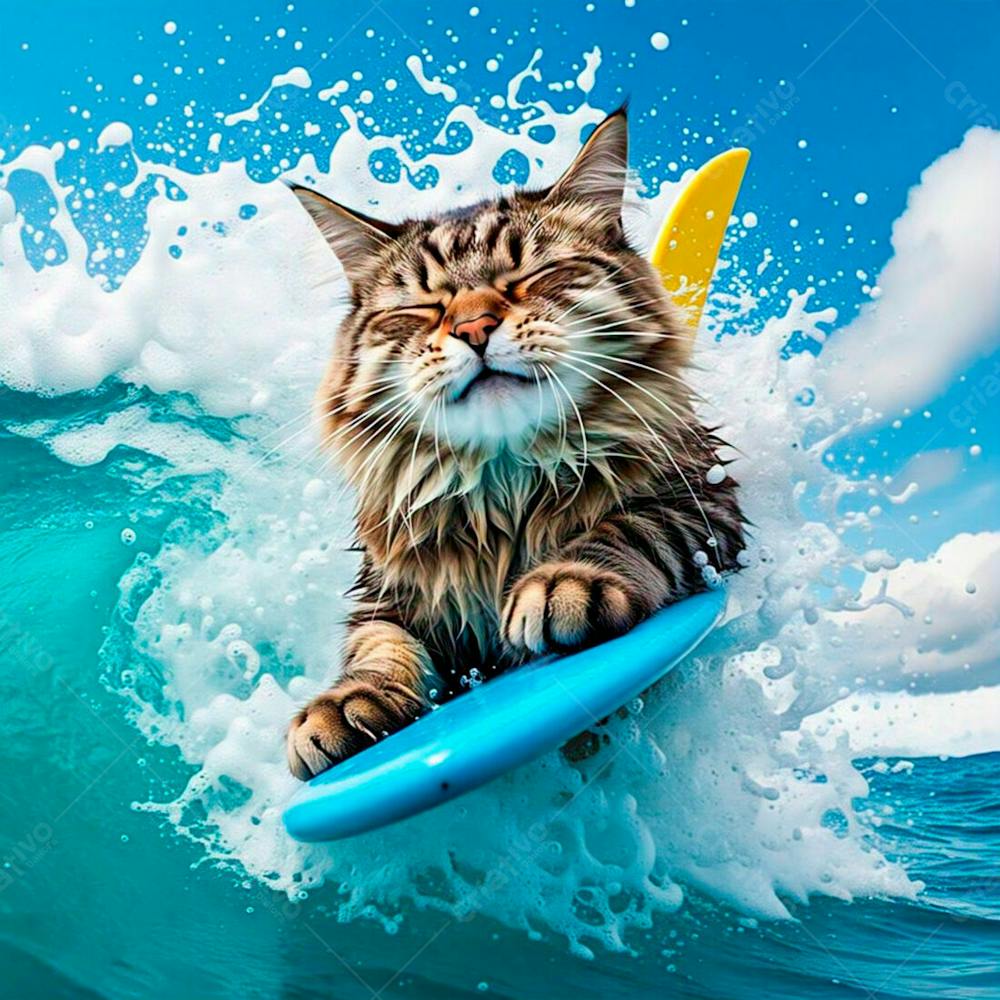 Gato Numa Prancha Surfando