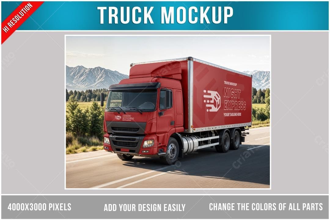 Mockup Caminhão Vermelho Realista em Estrada de Montanha