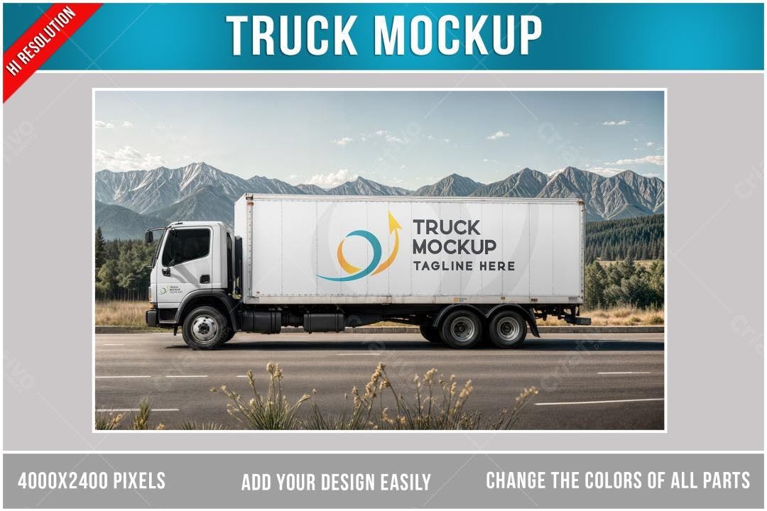 Mockup Caminhão: Visual Realista em Estrada Montanhosa
