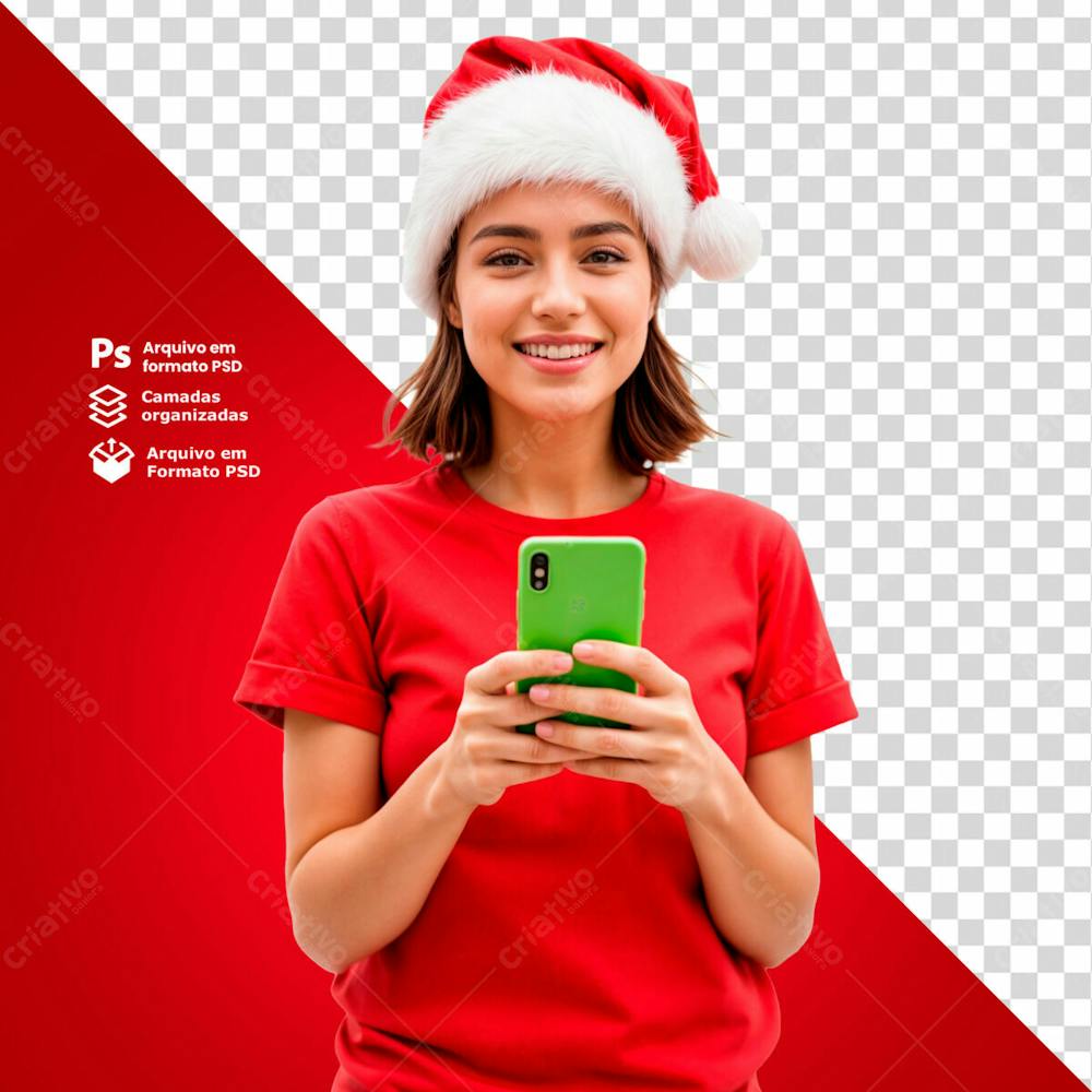 Mulher Feliz Com Gorro De Natal Segurando Um Smartphone Imagem Sem Fundo Psd Editável