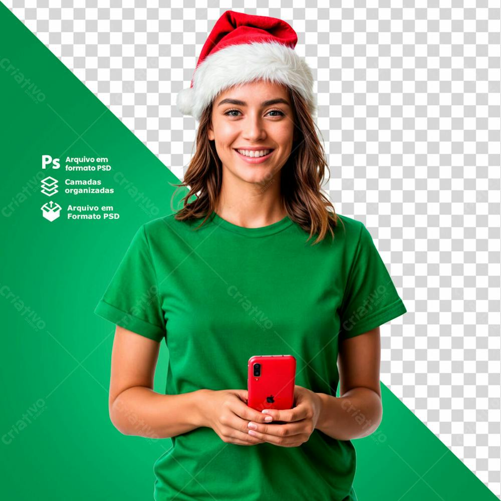 Mulher Com Gorro De Natal Segurando Um Smartphone Vermelho Imagem Sem Fundo Psd Editável