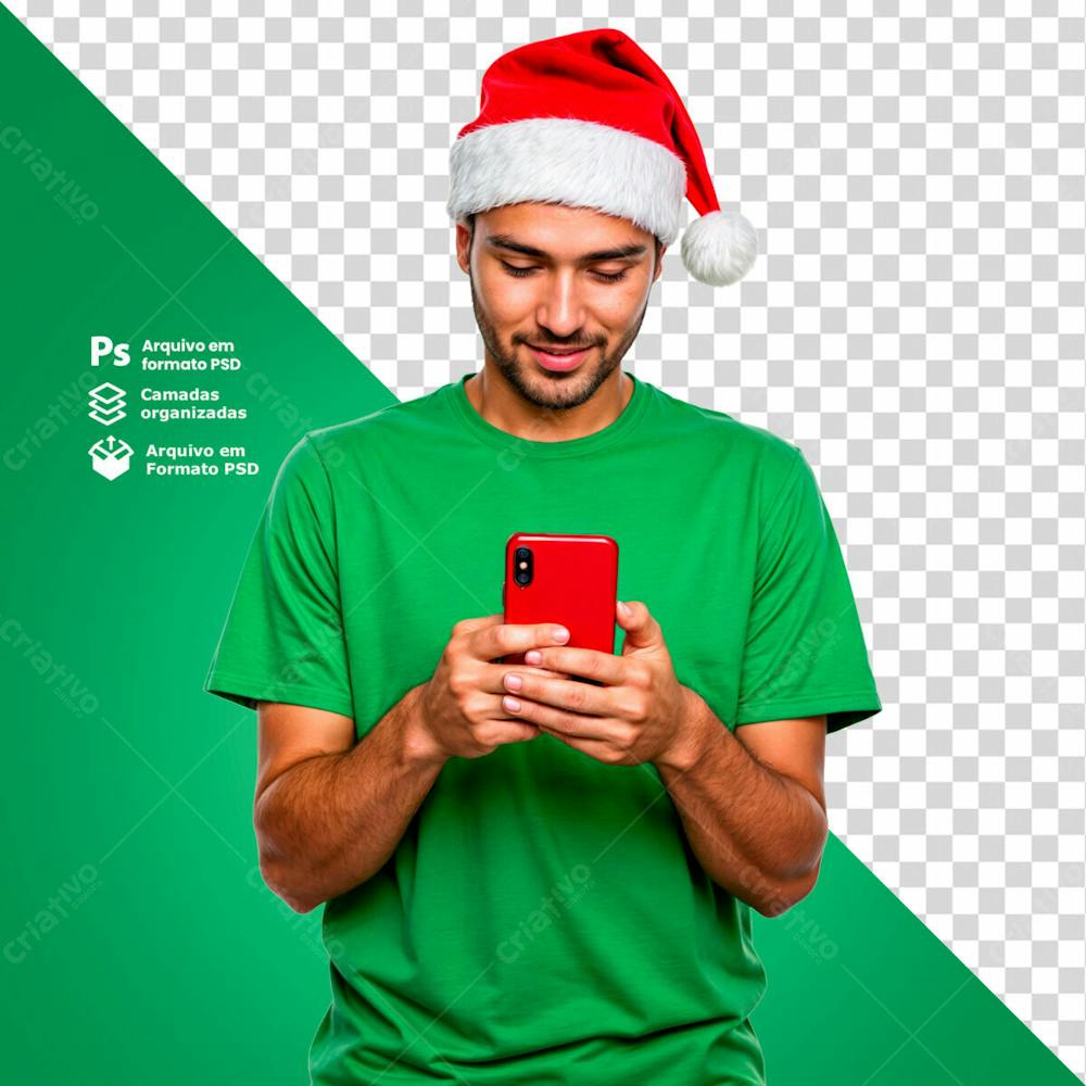 Homem Com Gorro De Natal Espiando As Promoções Imagem Sem Fundo Psd Editável