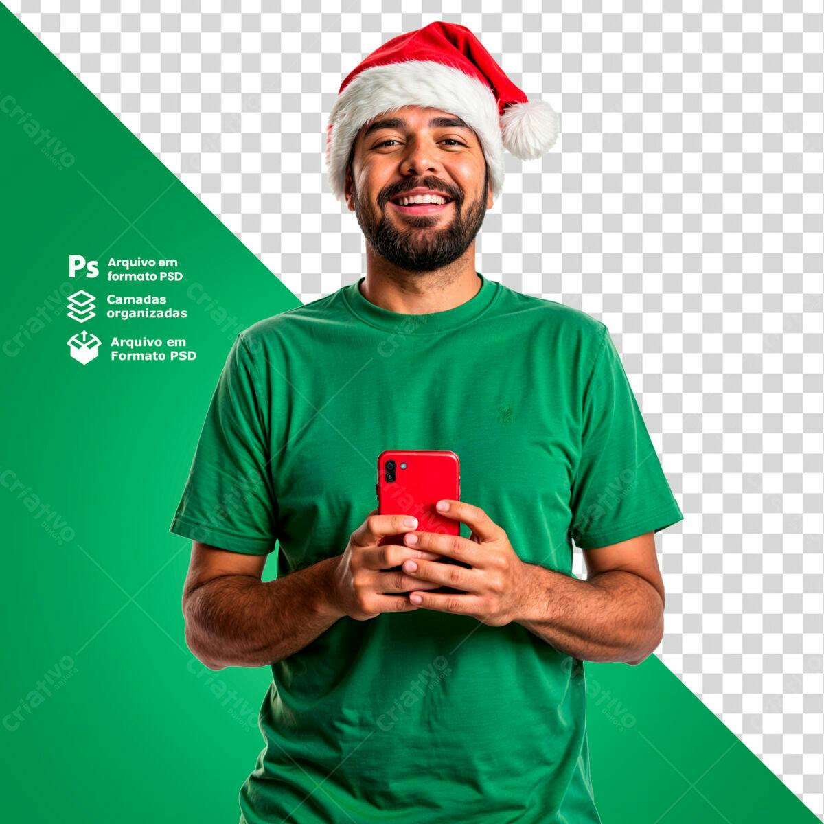 PSD Natal Homem Sorrindo com Celular Vermelho