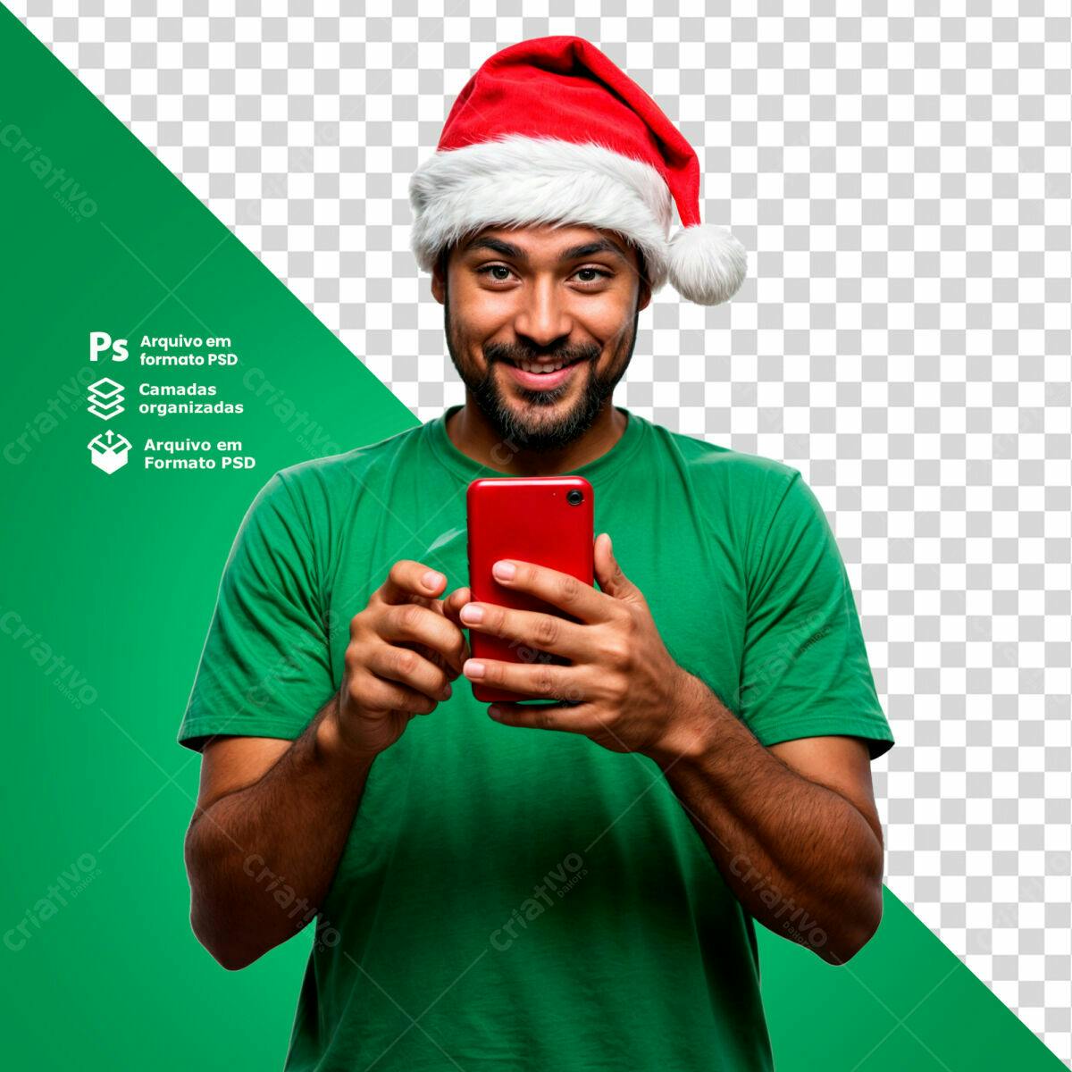 Imagem Natalina Homem com Celular Vermelho PSD Editável
