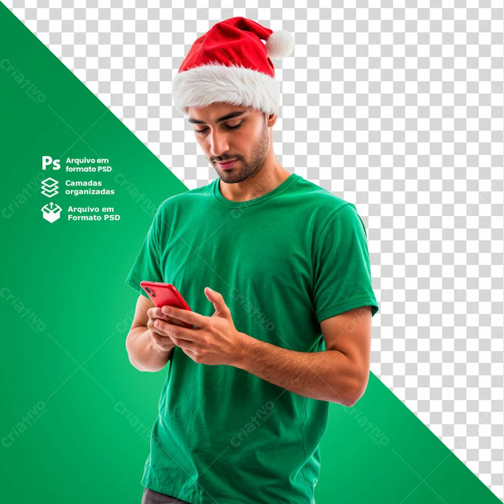 Homem Com Gorro De Natal Segurando Um Smartphone Acompanhando As Promoções De Natal Imagem Sem Fundo Psd Editável