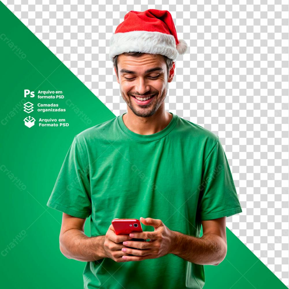 Homem Com Gorro De Natal Segurando Um Smartphone Conferindo As Promoções De Natal Imagem Sem Fundo Psd Editável