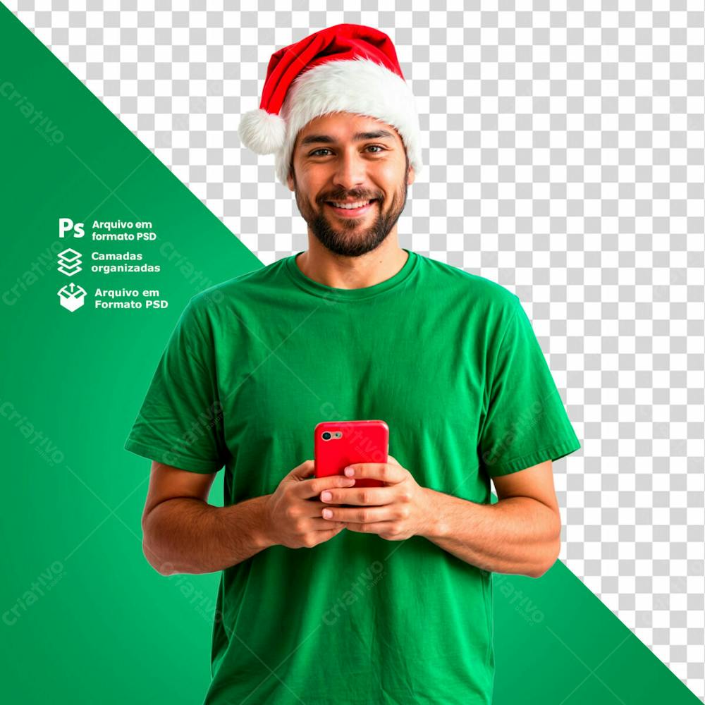 Homem Com Gorro De Natal Segurando Um Smartphone E Conferindo As Ofertas De Natal Imagem Sem Fundo Psd Editável