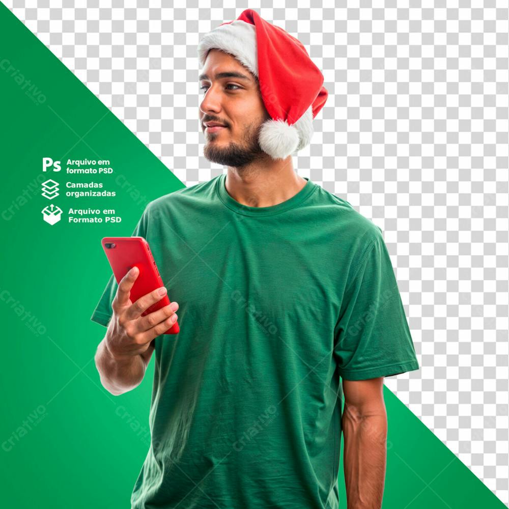 Homem Com Gorro De Natal Segurando Um Smartphone E Olhando Para O Lado Imagem Sem Fundo Psd Editável