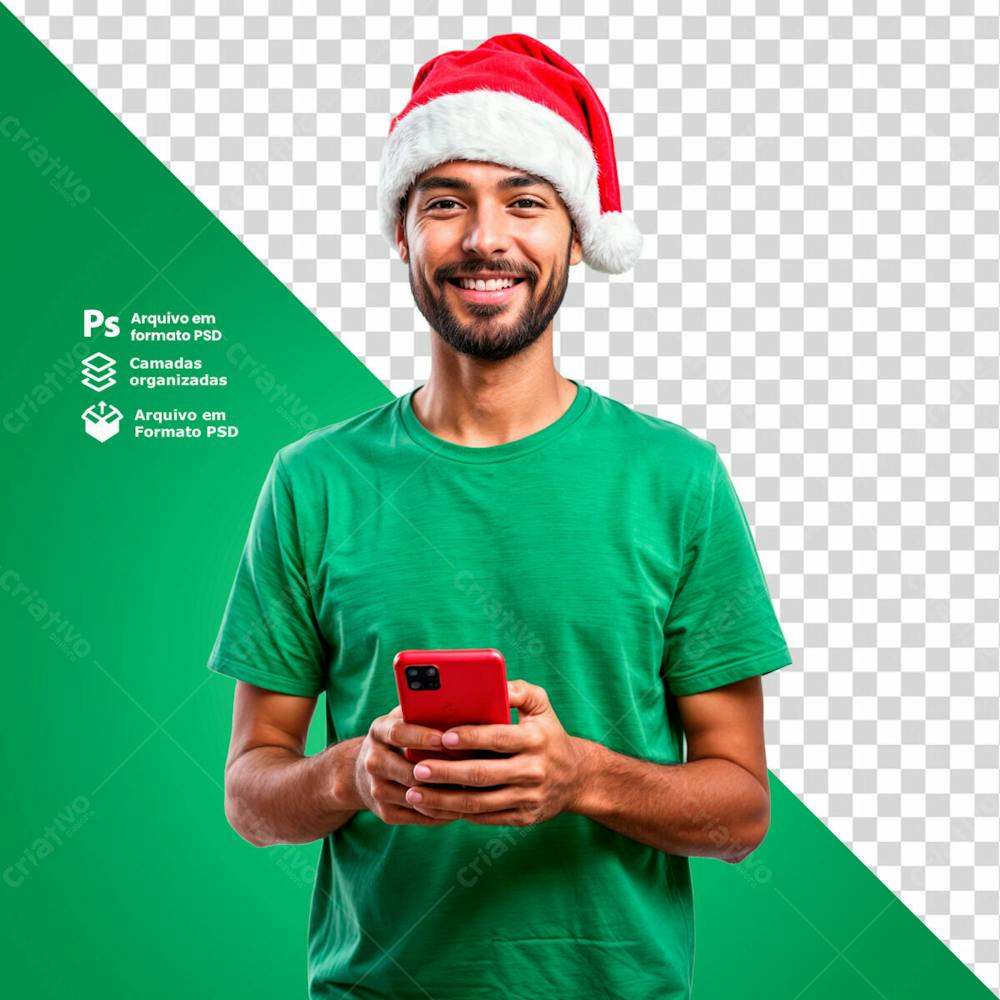 Homem Com Gorro De Natal Segurando Um Smartphone Feliz Com As Promoções De Natal Imagem Sem Fundo Psd Editável