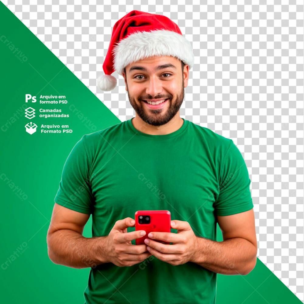 Homem Com Gorro De Natal Segurando Um Smartphone Feliz Com As Promoções Imagem Sem Fundo Psd Editável