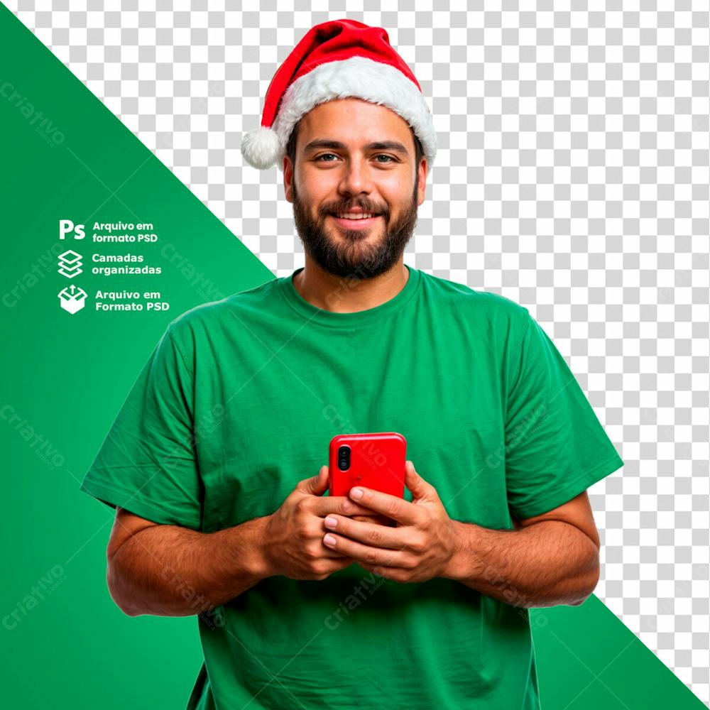 Homem Com Gorro De Natal Segurando Um Smartphone Imagem Sem Fundo Psd Editável