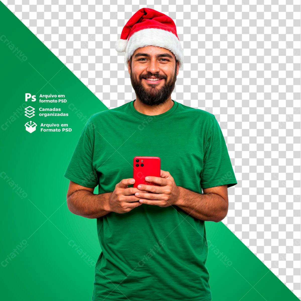 Imagem Natalina Homem com Celular Vermelho PSD Editável