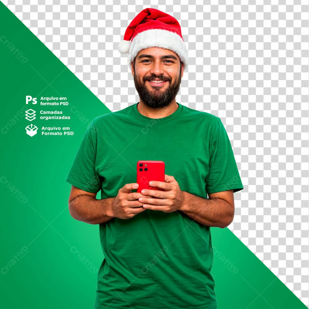 Homem Com Gorro De Natal Segurando Um Smartphone Vermelho Sorrindo Imagem Sem Fundo Psd Editável