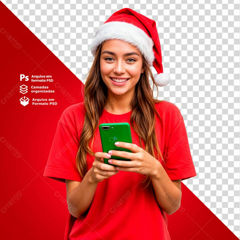 Mulher Com Camisa Vermelha E Gorro De Natal Segurando Um Smartphone Imagem Sem Fundo Psd Editável