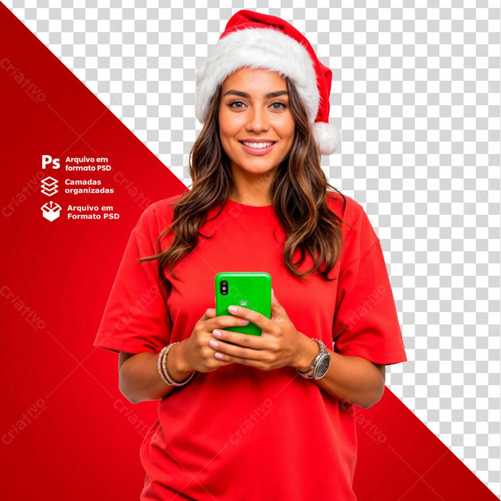 Mulher Com Gorro De Natal Com Uma Camisa Vermelha Segurando Um Smartphone Verde Imagem Sem Fundo Psd Editável