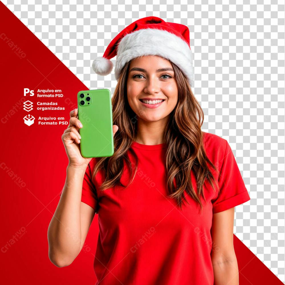 Mulher Com Gorro De Natal E Camisa Vermelha Mostrando As Promoções De Natal Segurando Um Smartphone Imagem Sem Fundo Psd Editável