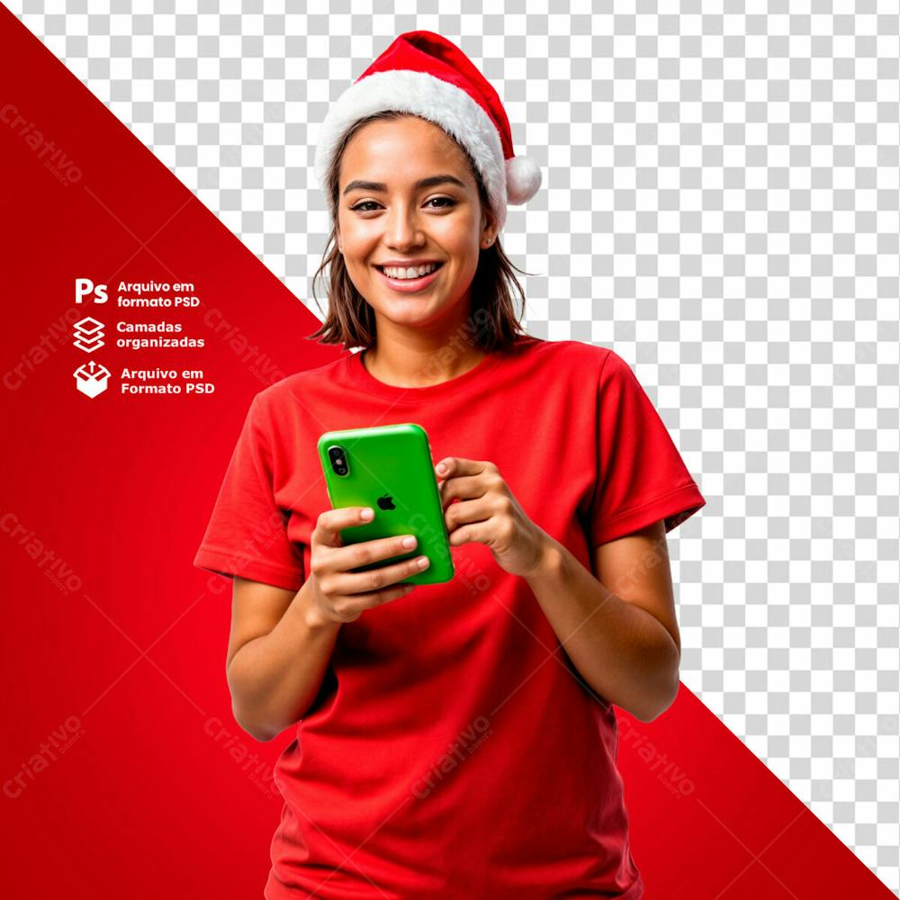 Mulher Com Gorro De Natal Segurando Um Smartphone Conferindo As Promoções De Natal Imagem Sem Fundo Psd Editável