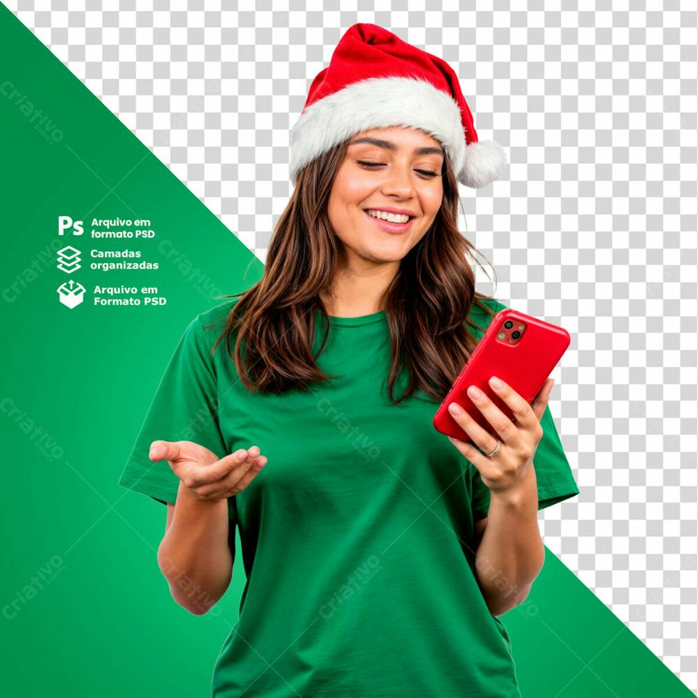 Mulher Com Gorro De Natal Segurando Um Smartphone Conferindo As Promoções De Natal Imagem Sem Fundo Psd Editável