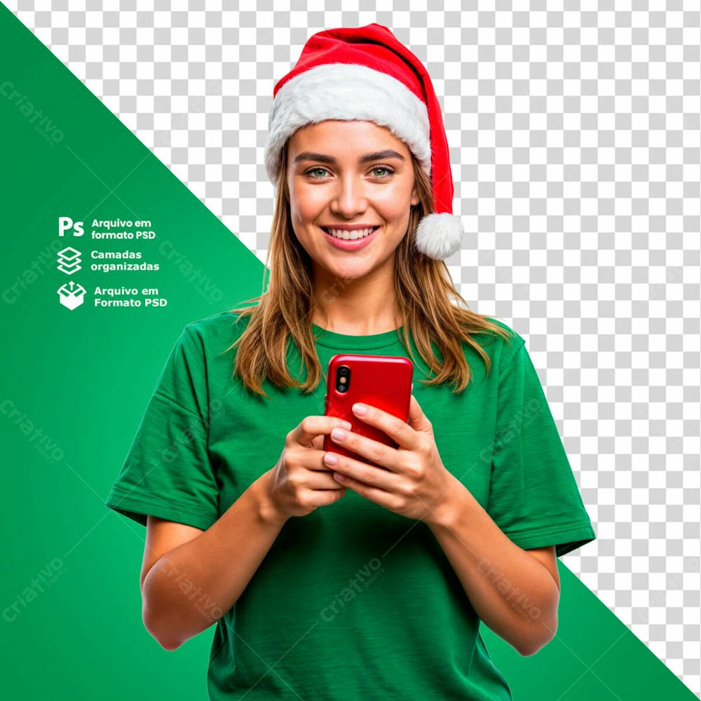 Mulher Com Gorro De Natal Segurando Um Smartphone Imagem Sem Fundo Psd Editável