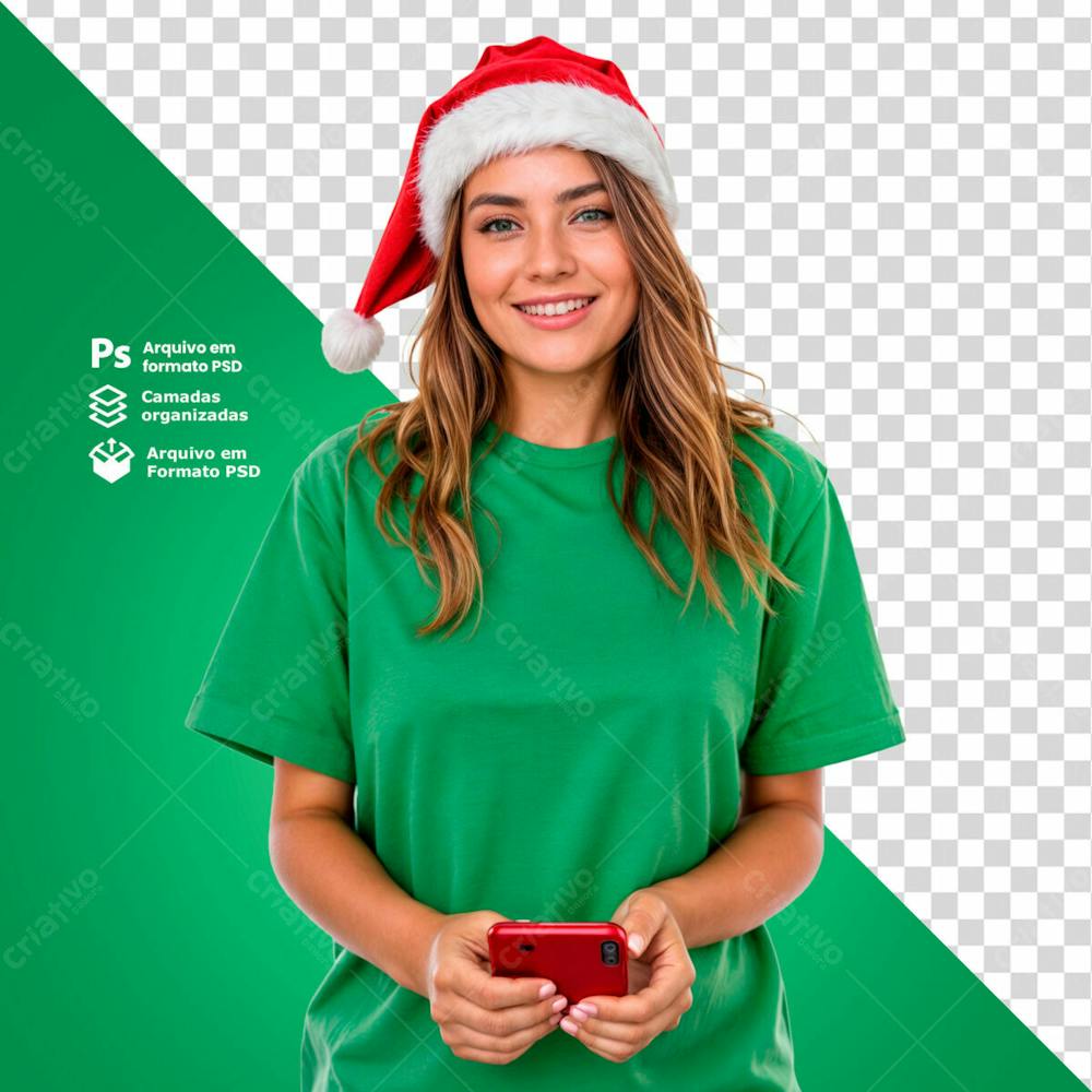 Mulher Com Gorro De Natal Segurando Um Smartphone Sorridente Imagem Sem Fundo Psd Editável