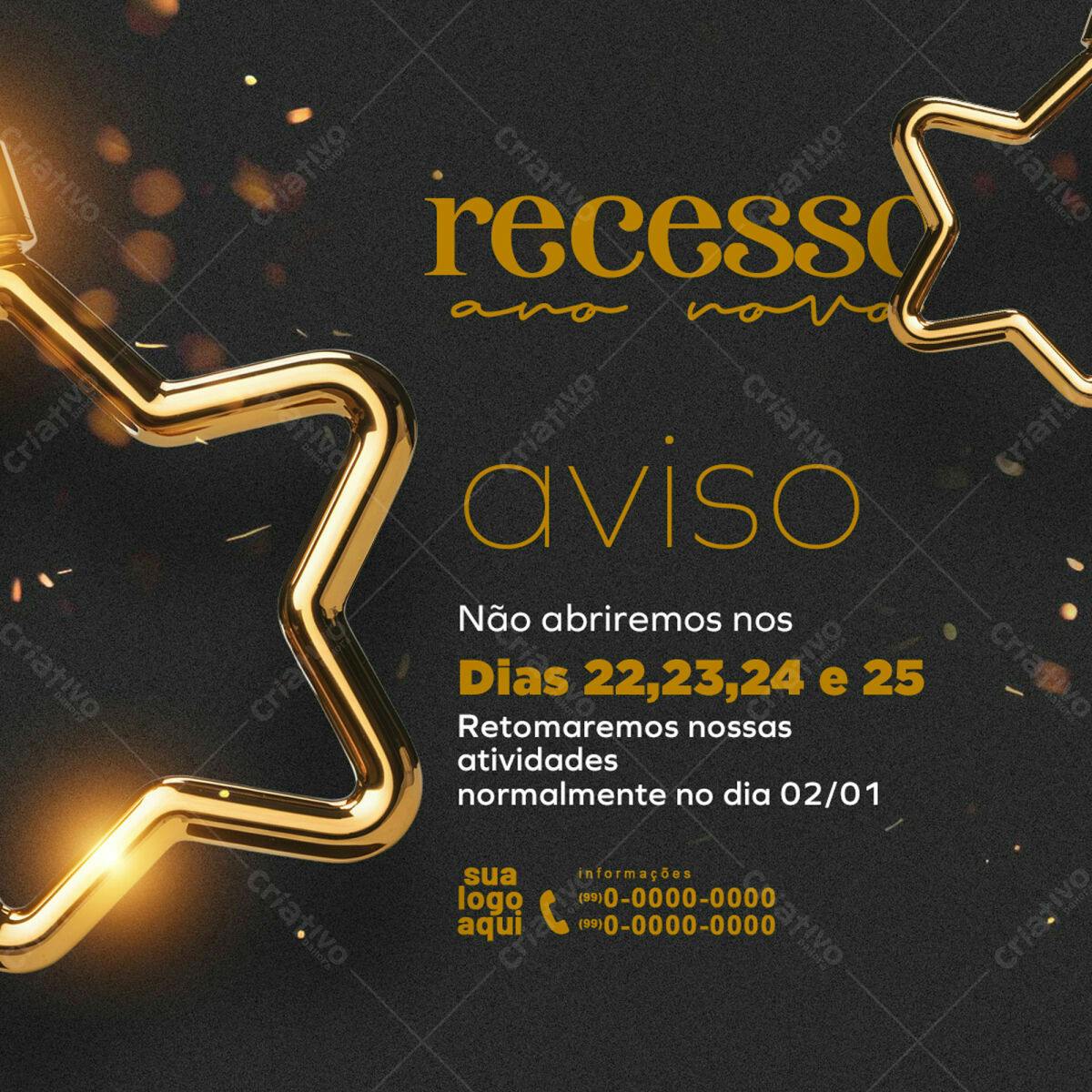 Aviso de Recesso Ano Novo PSD Editável