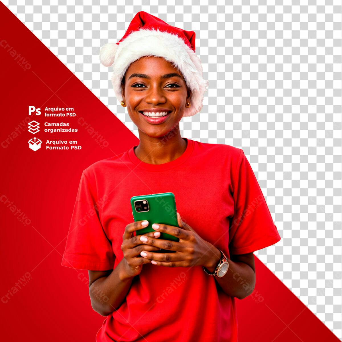 Mockup Natalina com Mulher Negra usando Smartphone PSD Editável