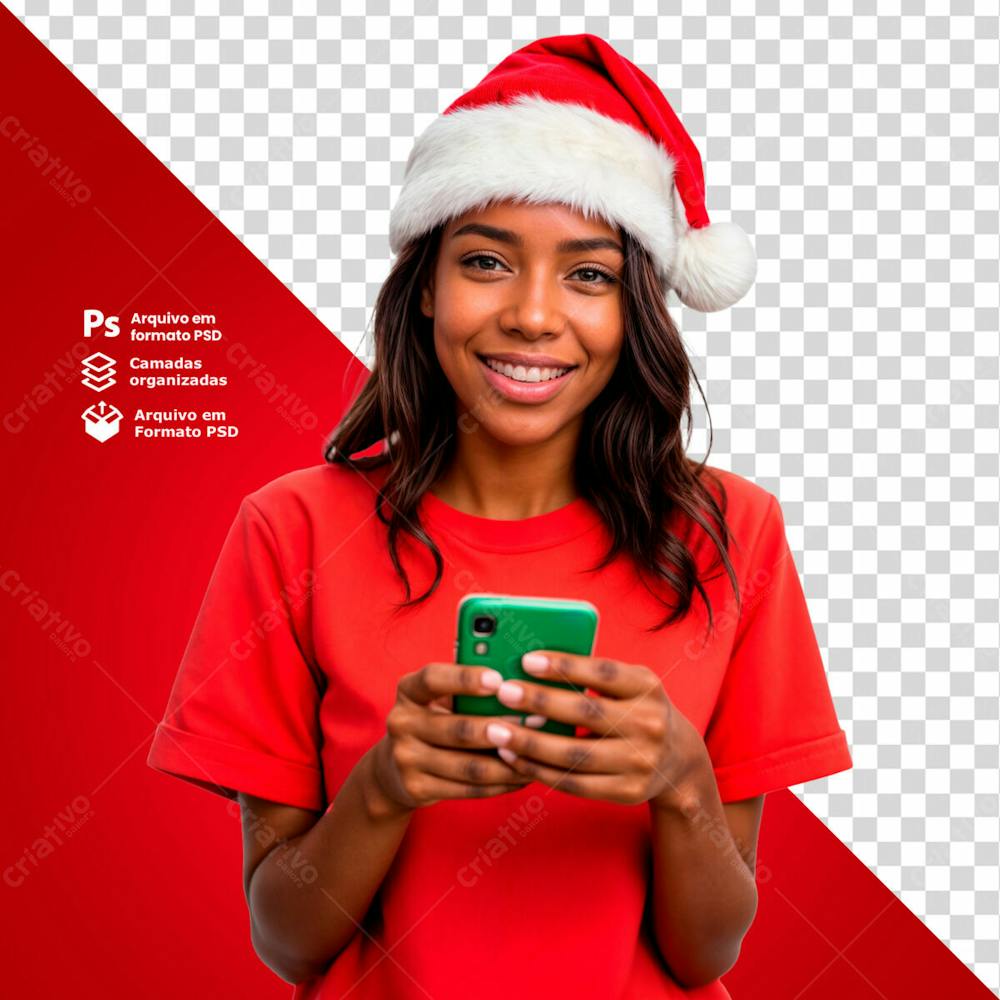 Mulher Com Gorro De Natal Vendo As Promoções Imagem Sem Fundo Psd Editável